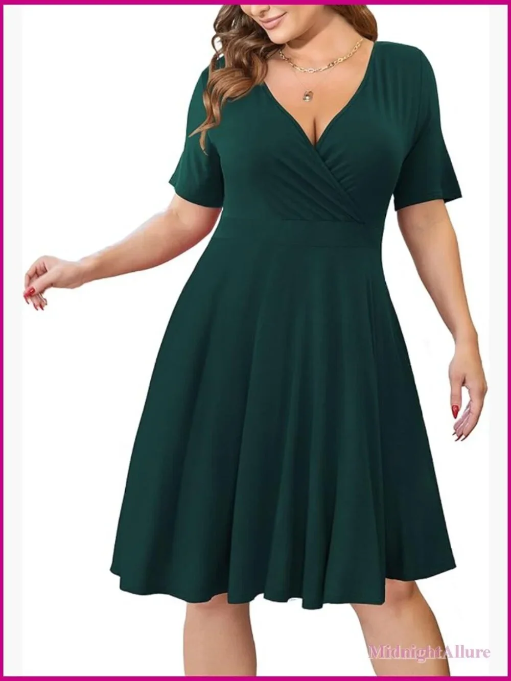 Plus Size Faux Wrap Dress with Pockets Short Sleeve Casual Swing Dress